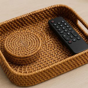 Hand Woven Rattan Decorative Tray for Coasters and Remote Controls