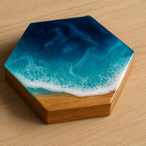 Hexagon Resin Art Coaster Tray with Wooden Base