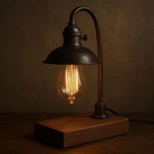 Vintage Edison Bulb Desk Lamp with Wooden Base and Metal Shade
